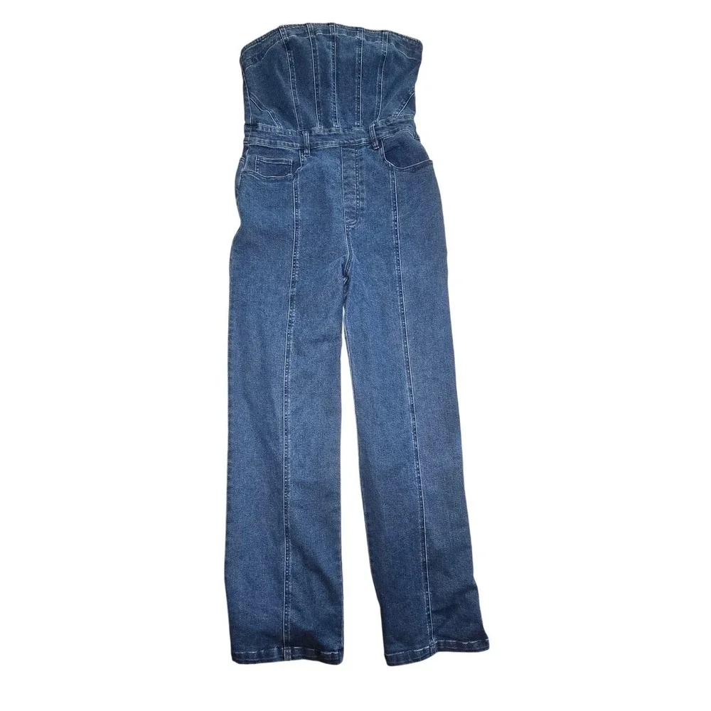 Forever 21 Stretch Denim Strapless Wide Leg Jumpsuit Women's Size M great design